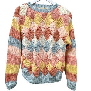 SWEATER BEE Vintage Womens Sweater Small Oversized Pastel Pink Multi Knit Pullov